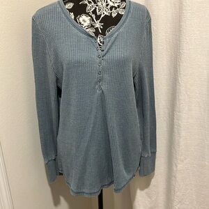 Seven7 Blue Gray Distressed Ribbed Long Sleeve Snap Front Top